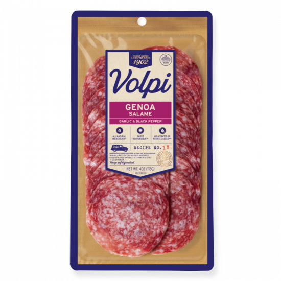 Genoa Salame is a garlic black pepper sliced salami by Volpi Foods.